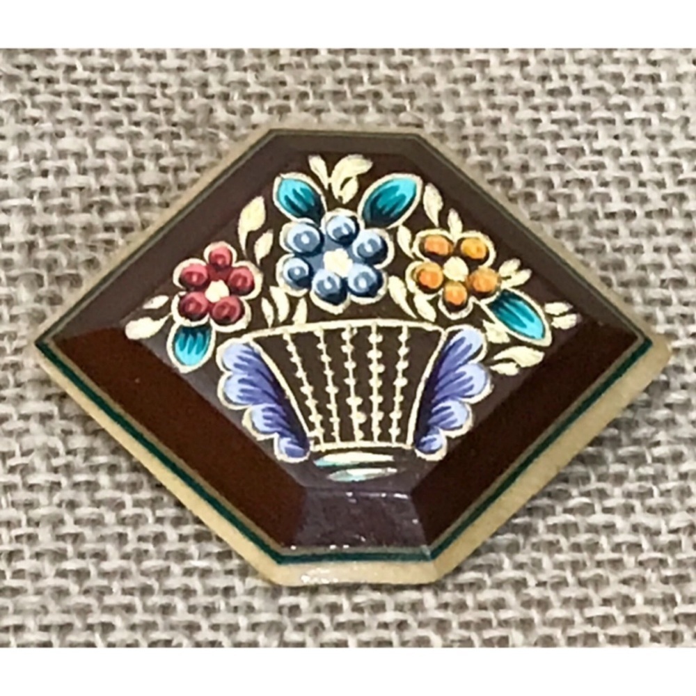 Floral Hexagon Wood Brooch Pin Hand Painted Cottage Goblin Core Fairy Grunge